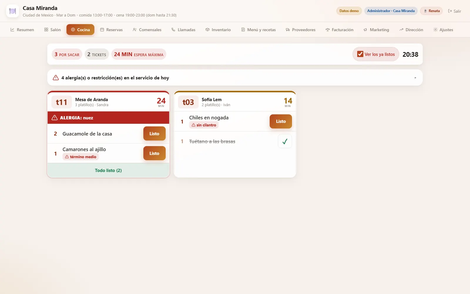Pantalla de cocina con tickets y alergias