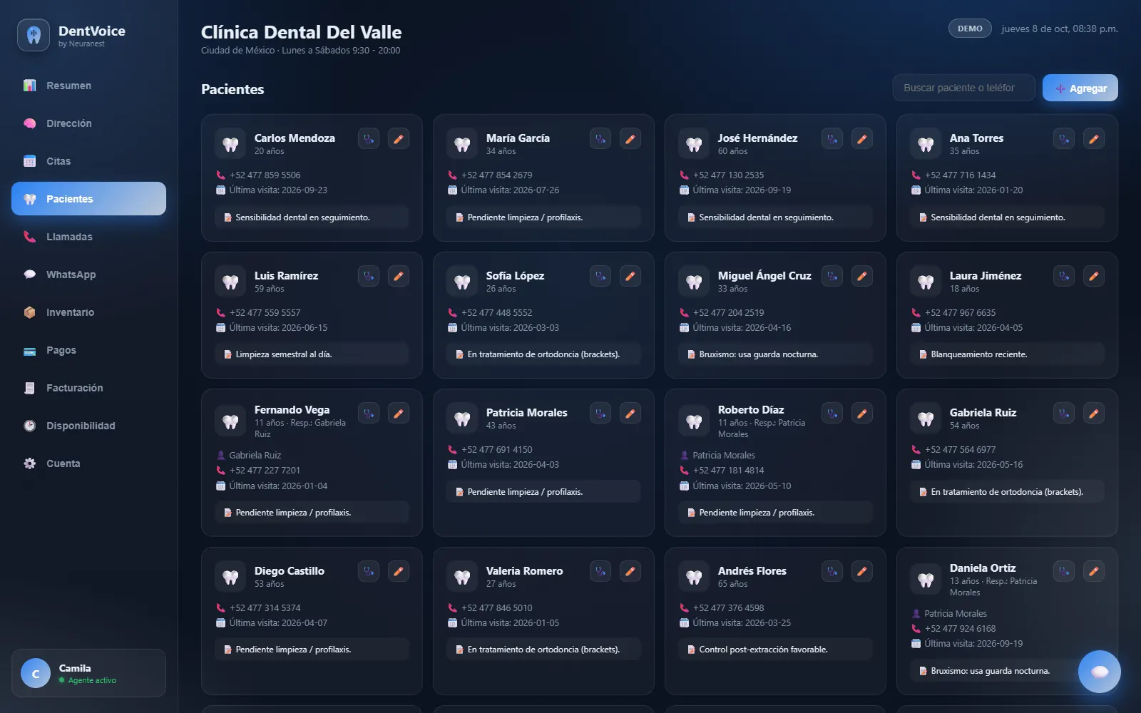 Pacientes del consultorio con su ficha en DentVoice