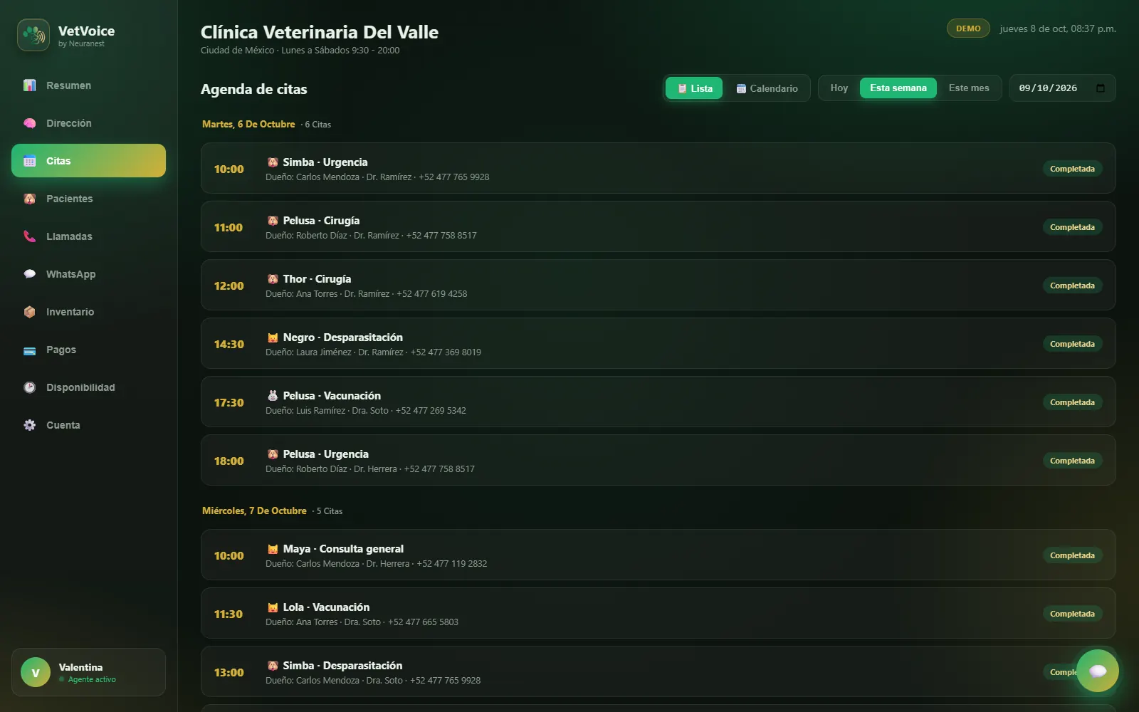 Agenda de citas de la clínica en el panel VetVoice