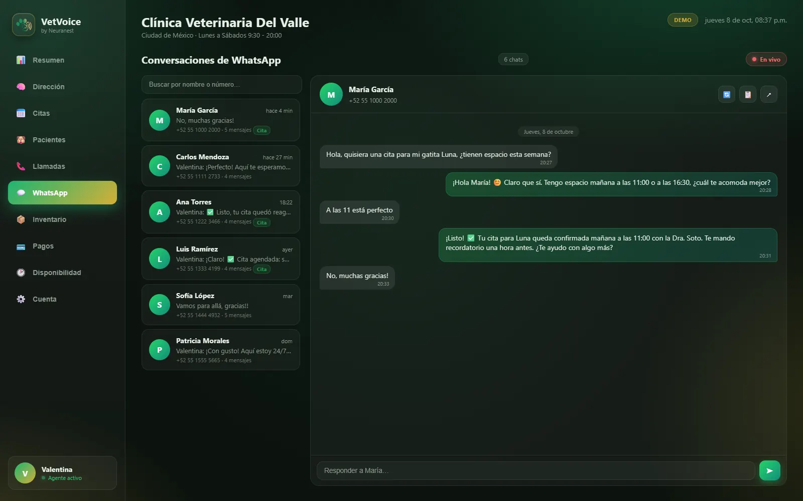 Conversaciones de WhatsApp atendidas por Valentina
