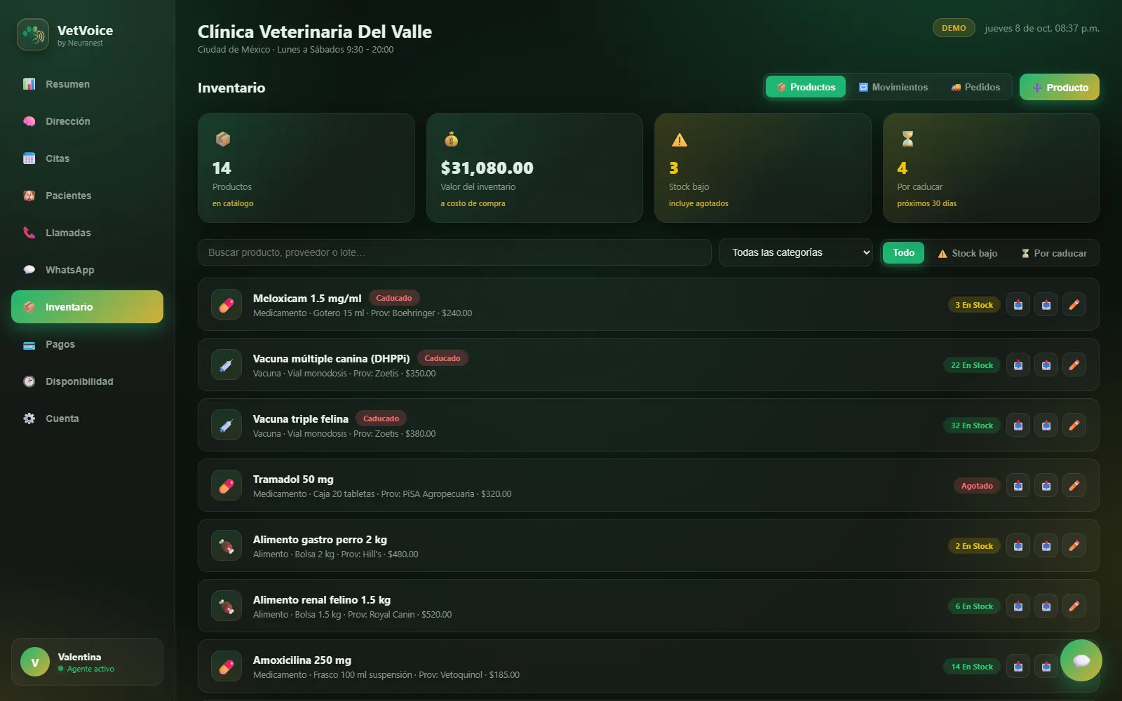 Inventario de medicamentos con alertas de stock bajo